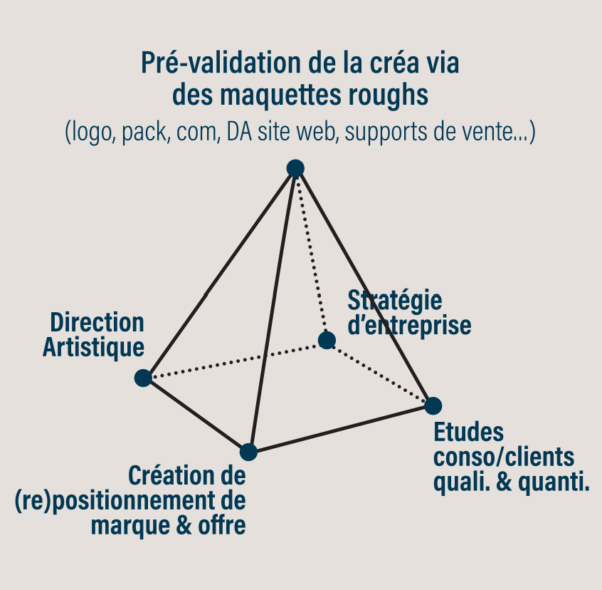 Pré-validation de la créa via des maquettes roughs (logo, pack, com, DA site web, supports de vente...)